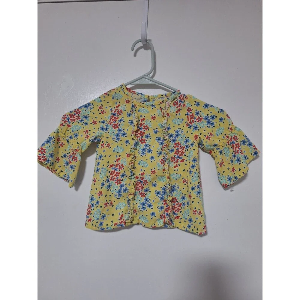 Genuine Kids OshKosh Girl 4T Yellow Floral Ruffle‎ Blouse Bell Sleeve Rayon Top